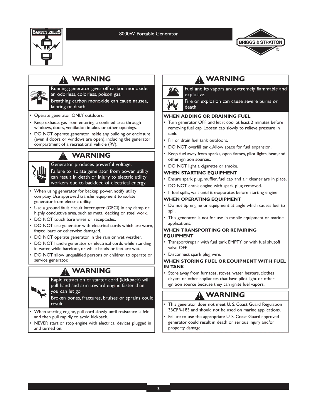 Briggs & Stratton 030210-2 manual When Adding or Draining Fuel, When Starting Equipment, When Operating Equipment 