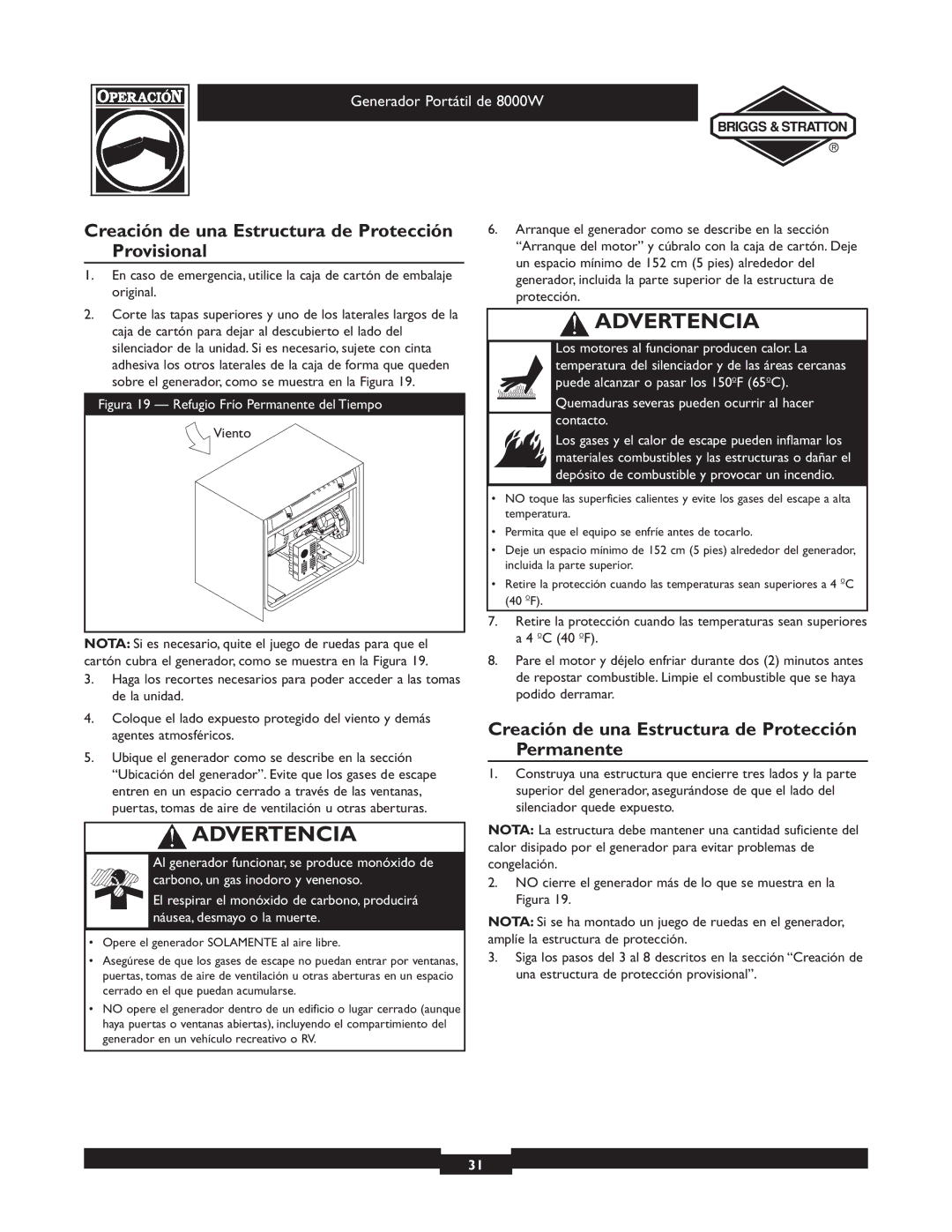 Briggs & Stratton 030210-2 manual Creación de una Estructura de Protección Provisional 