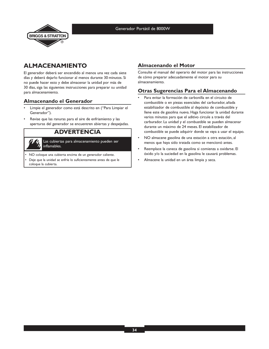 Briggs & Stratton 030210-2 manual Almacenamiento, Almacenando el Generador, Almacenando el Motor 