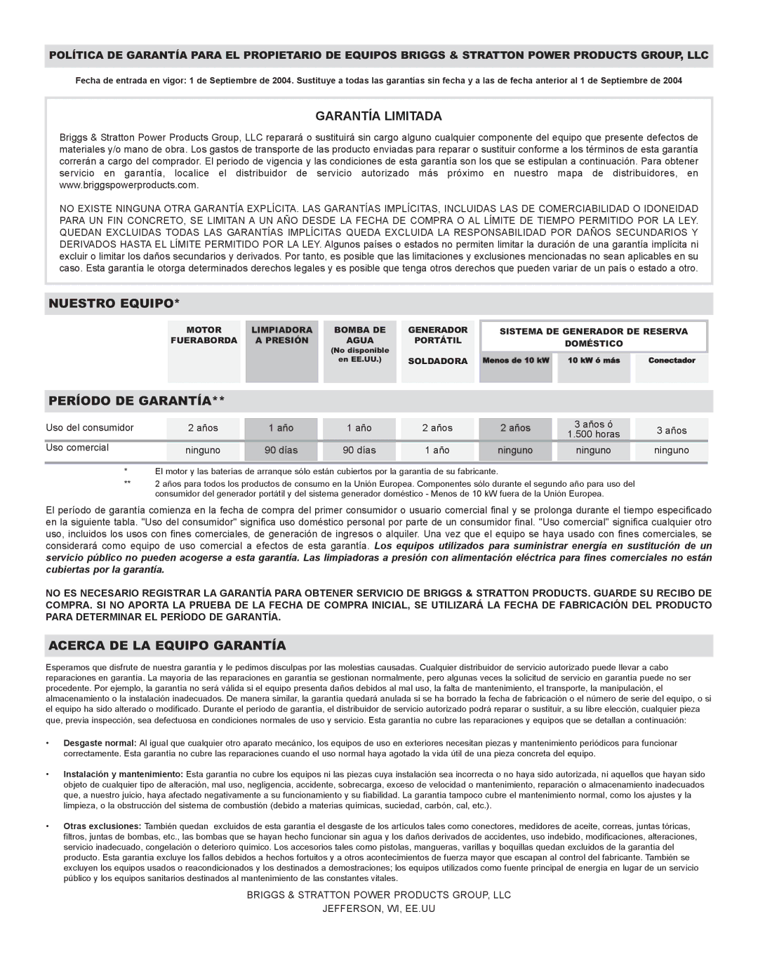 Briggs & Stratton 030210-2 manual Garantía Limitada 