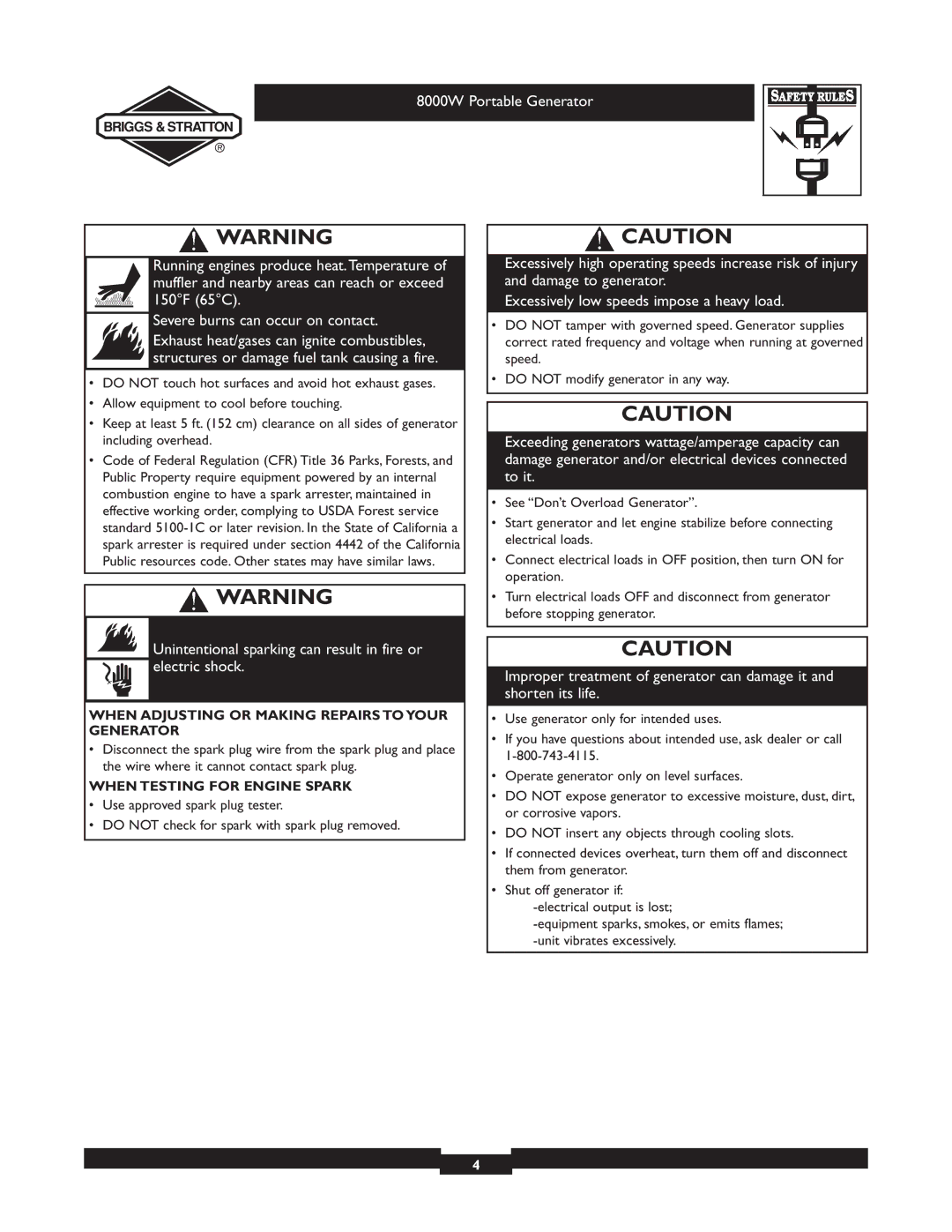 Briggs & Stratton 030210-2 manual When Adjusting or Making Repairs to Your Generator, When Testing for Engine Spark 