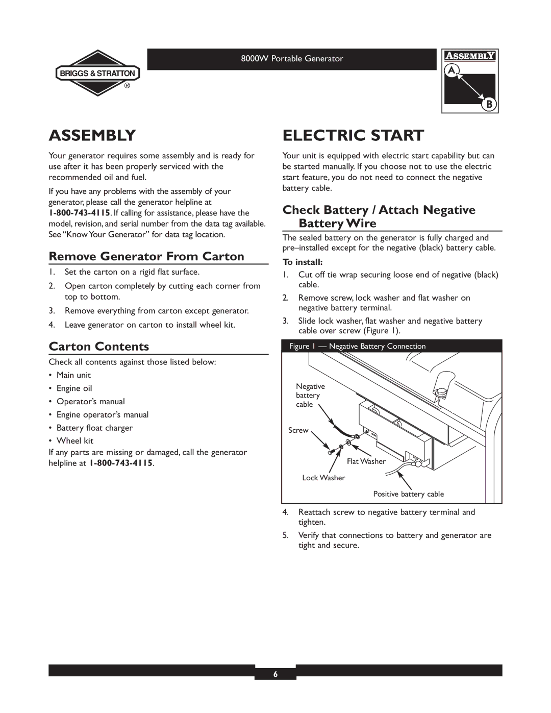 Briggs & Stratton 030210-2 manual Assembly, Electric Start, Remove Generator From Carton, Carton Contents 