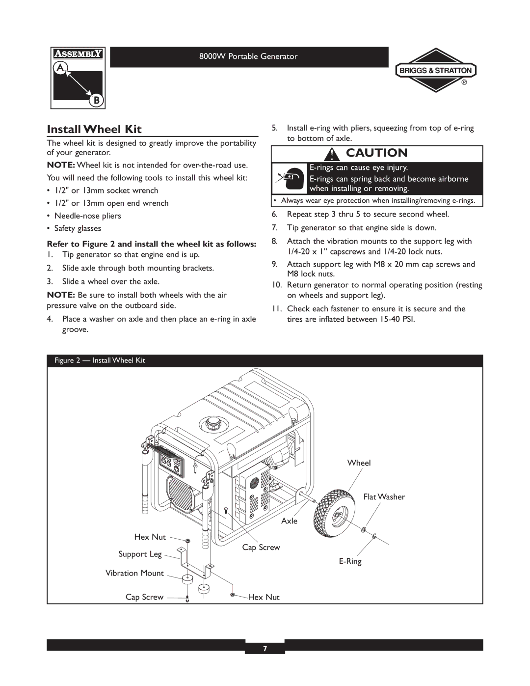 Briggs & Stratton 030210-2 manual Install Wheel Kit, Refer to and install the wheel kit as follows 