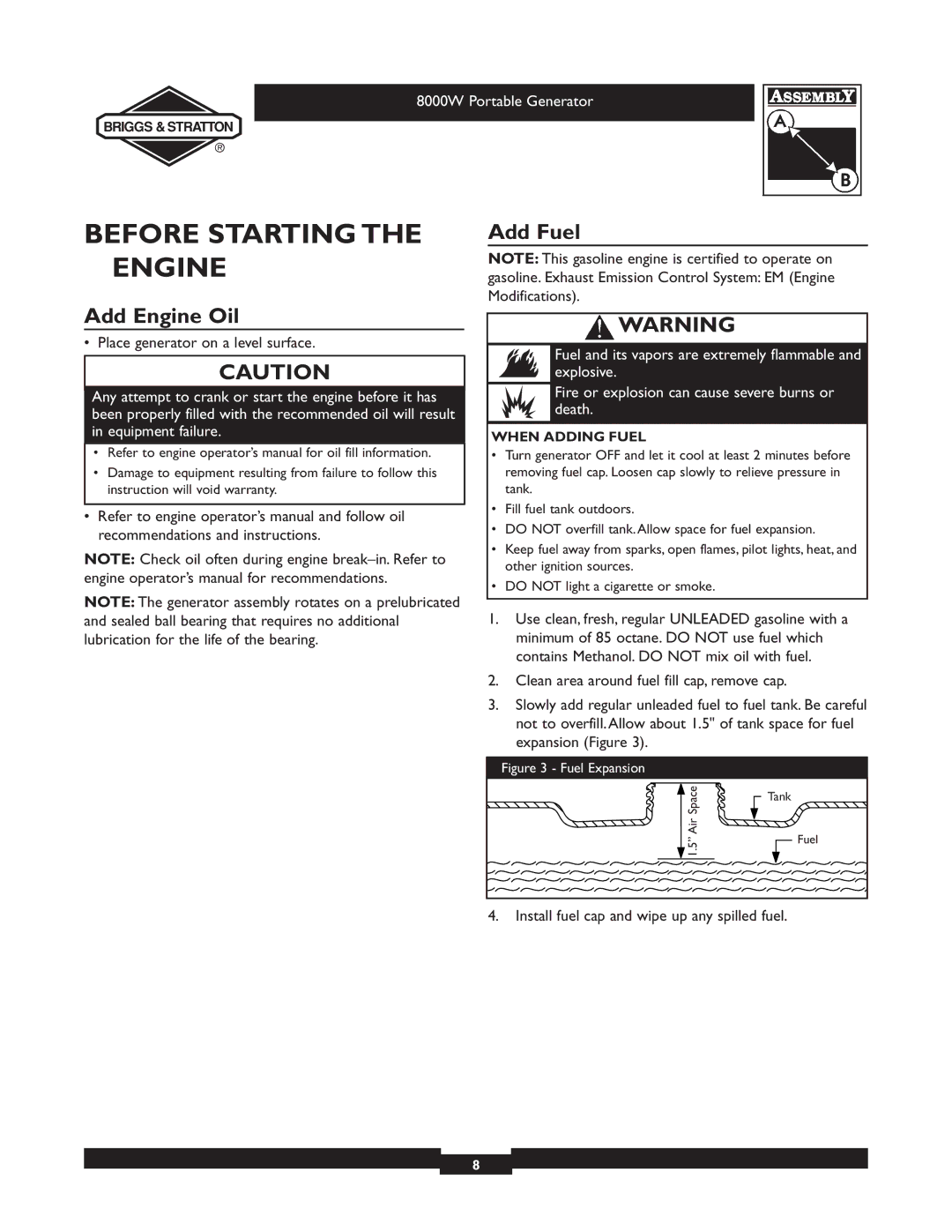 Briggs & Stratton 030210-2 manual Before Starting the Engine, Add Fuel, Add Engine Oil, When Adding Fuel 