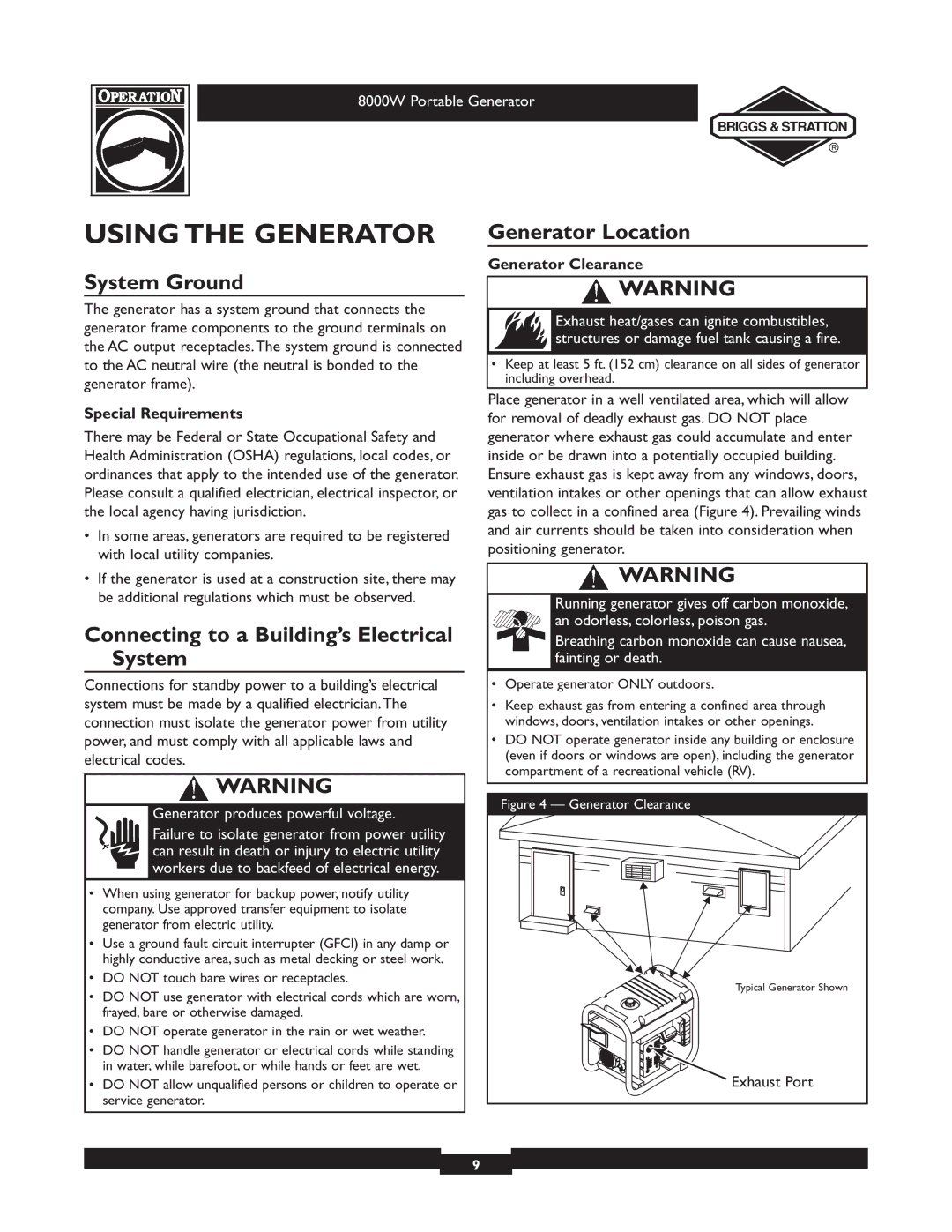 Briggs & Stratton 030210-2 manual Using the Generator, System Ground, Generator Location 