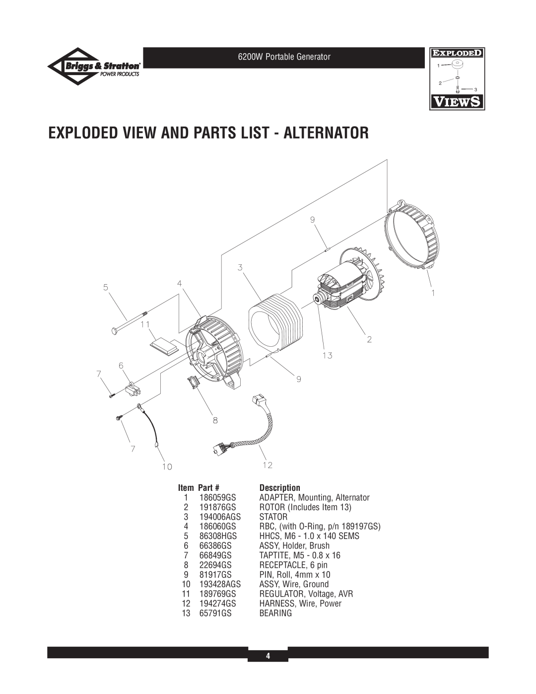 Briggs & Stratton 030211-1 Exploded View And Parts List - Alternator, 1 186059GS, 6200W Portable Generator, Description 