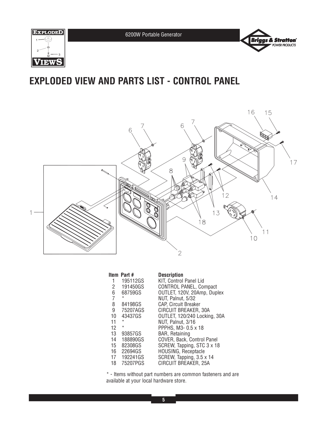 Briggs & Stratton 030211-1 manual Exploded View And Parts List - Control Panel, 6200W Portable Generator 