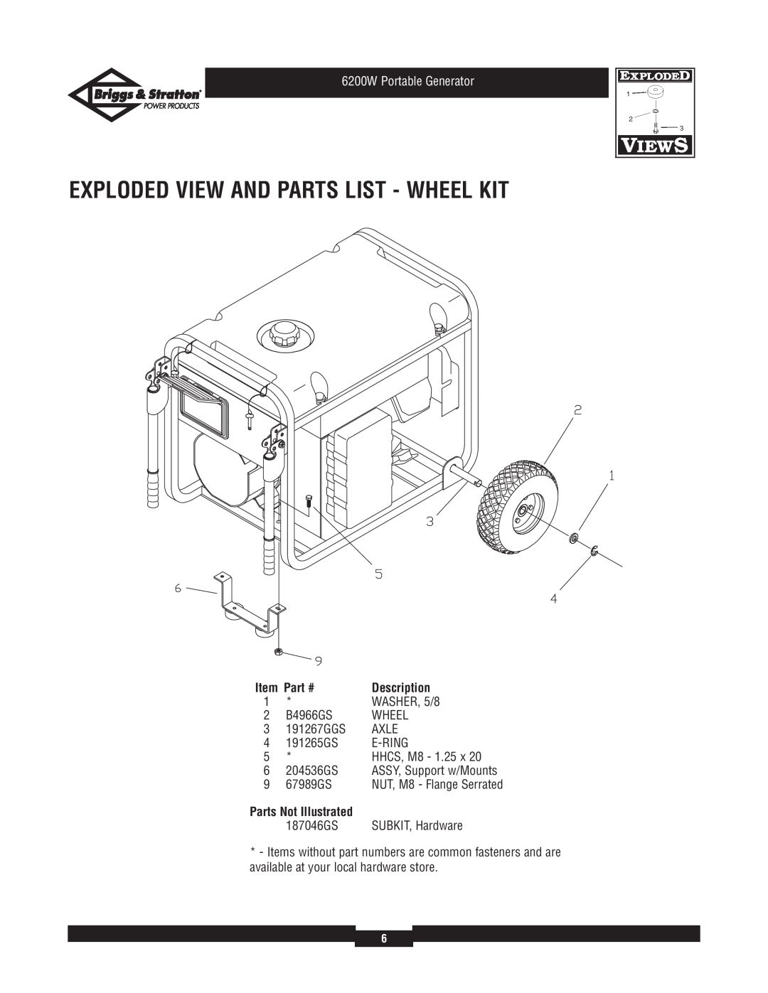 Briggs & Stratton 030211-1 manual Exploded View And Parts List - Wheel Kit, 6200W Portable Generator, Description 