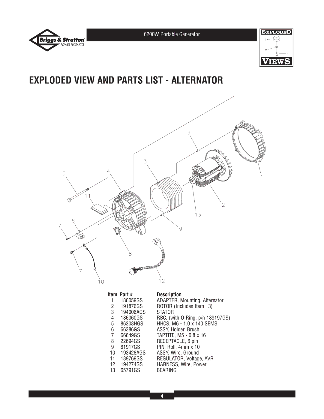 Briggs & Stratton 030211-1 manual Exploded View and Parts List Alternator, 186059GS, Bearing 