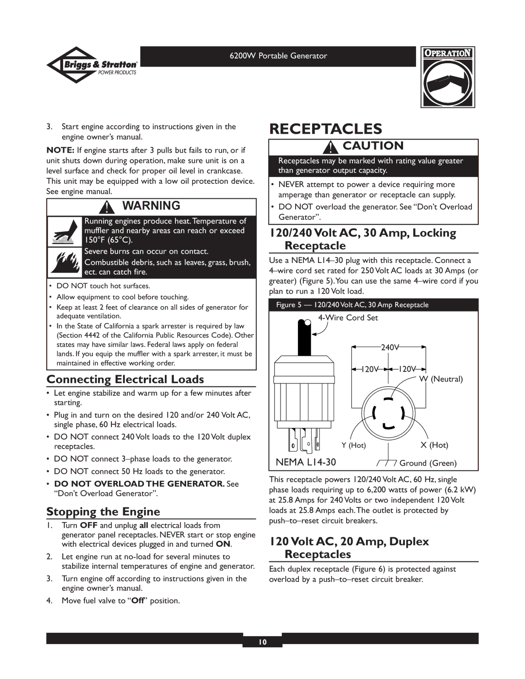 Briggs & Stratton 030211 owner manual Receptacles, Connecting Electrical Loads, 120/240 Volt AC, 30 Amp, Locking Receptacle 