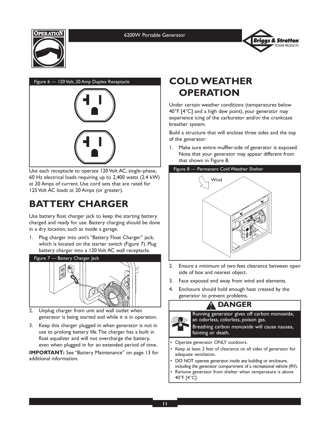 Briggs & Stratton 030211 owner manual Cold Weather Operation, Battery Charger 