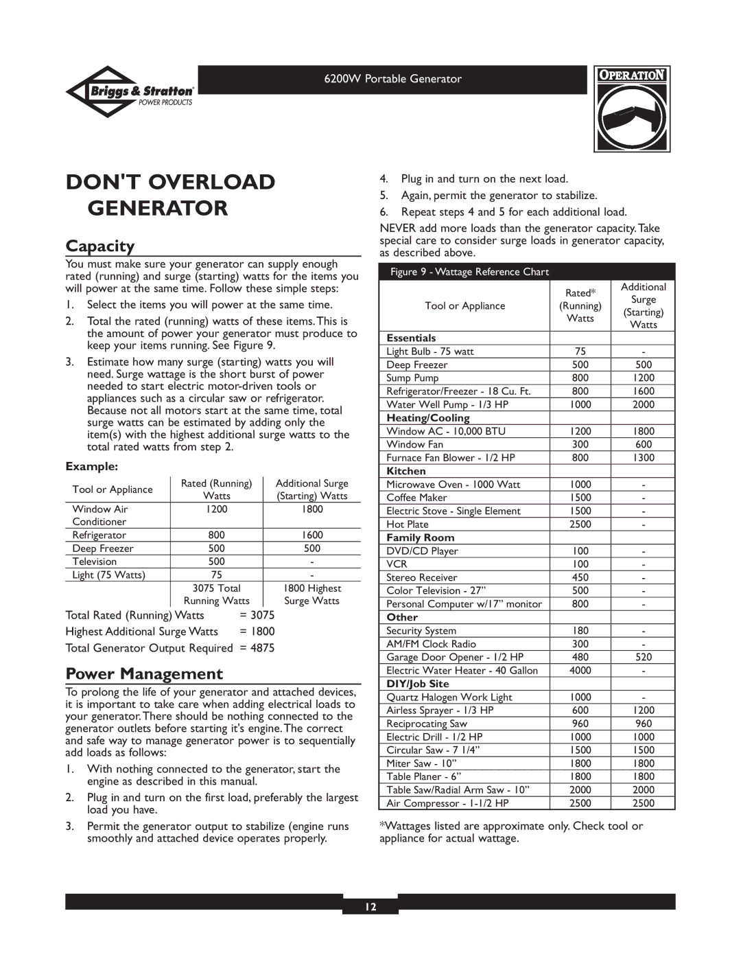 Briggs & Stratton 030211 owner manual Dont Overload Generator, Capacity, Power Management, Example 