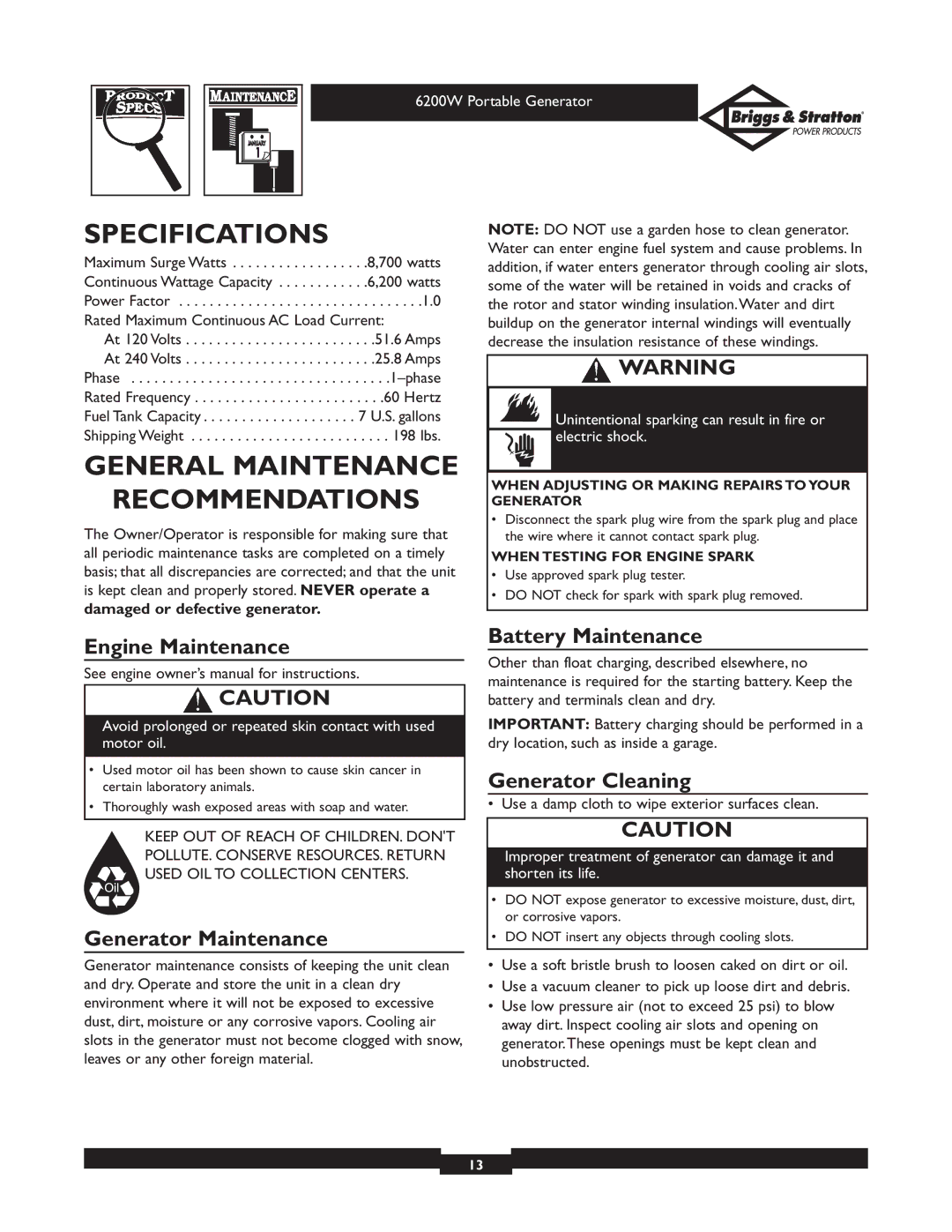 Briggs & Stratton 030211 owner manual Specifications, General Maintenance Recommendations 