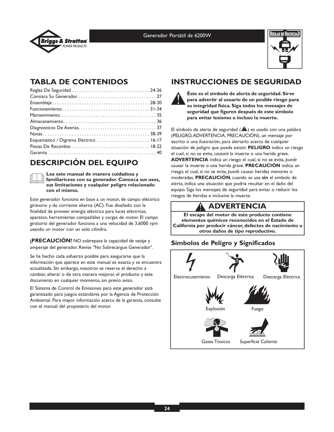 Briggs & Stratton 030211 owner manual Tabla DE Contenidos, Descripción DEL Equipo, Instrucciones DE Seguridad, Advertencia 