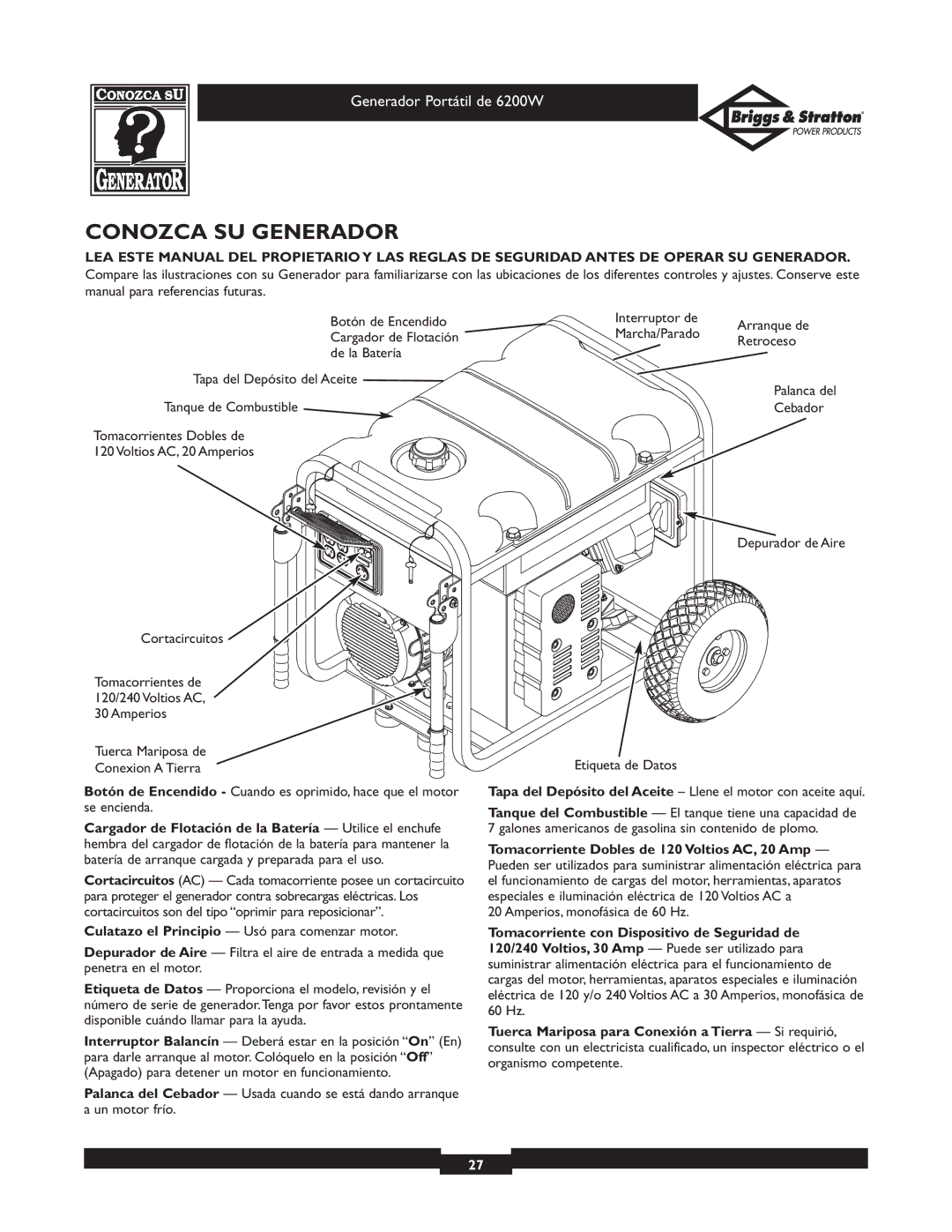 Briggs & Stratton 030211 owner manual Conozca SU Generador 