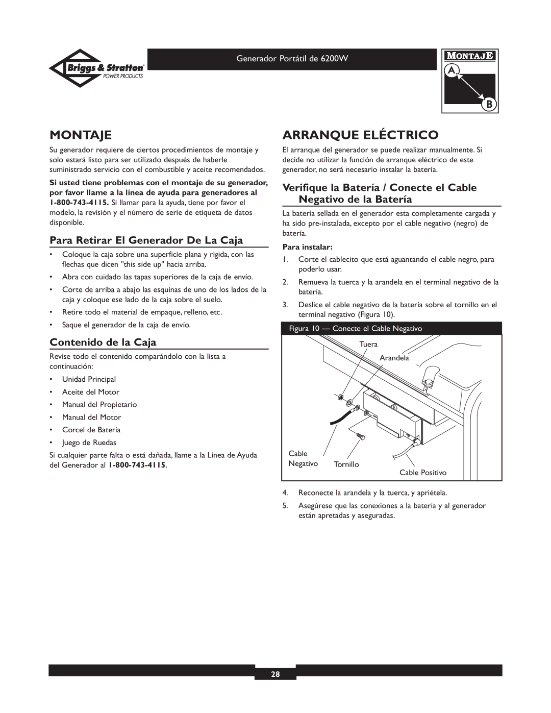 Briggs & Stratton 030211 Montaje, Arranque Eléctrico, Para Retirar El Generador De La Caja, Contenido de la Caja 