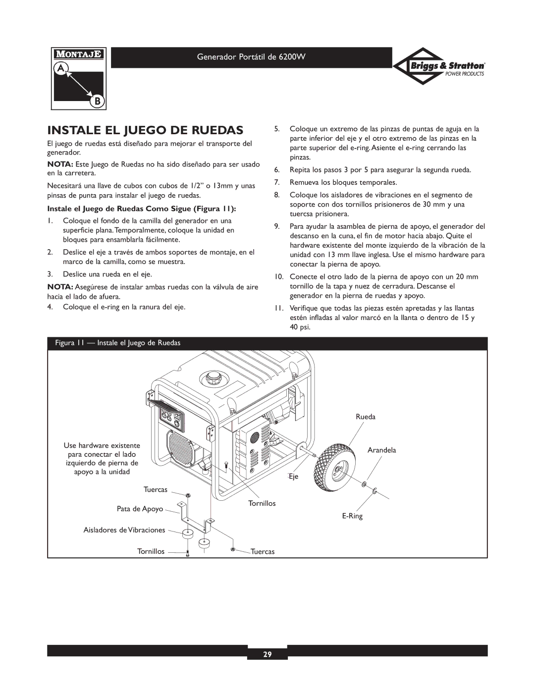 Briggs & Stratton 030211 owner manual Instale EL Juego DE Ruedas, Instale el Juego de Ruedas Como Sigue Figura 