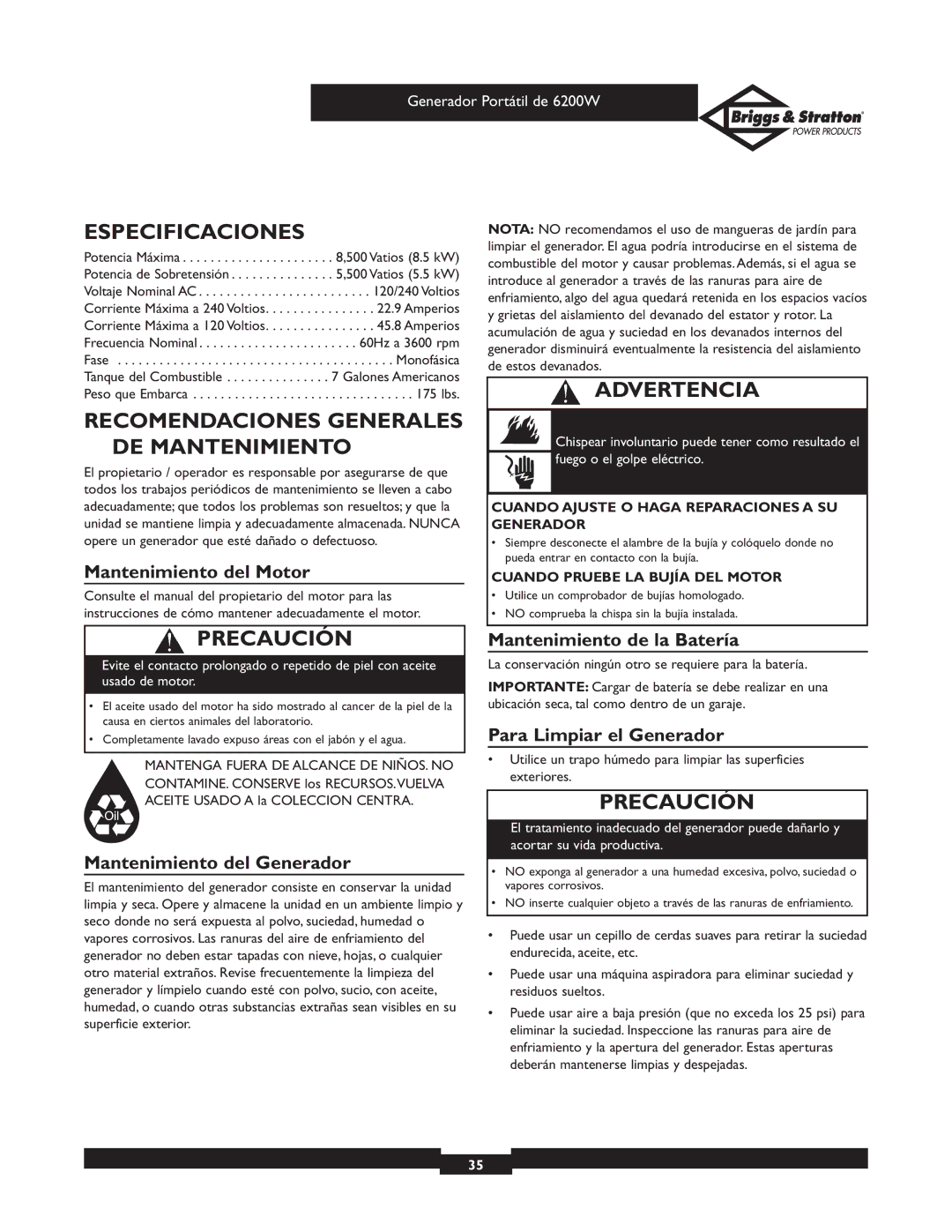 Briggs & Stratton 030211 owner manual Especificaciones, Recomendaciones Generales DE Mantenimiento 