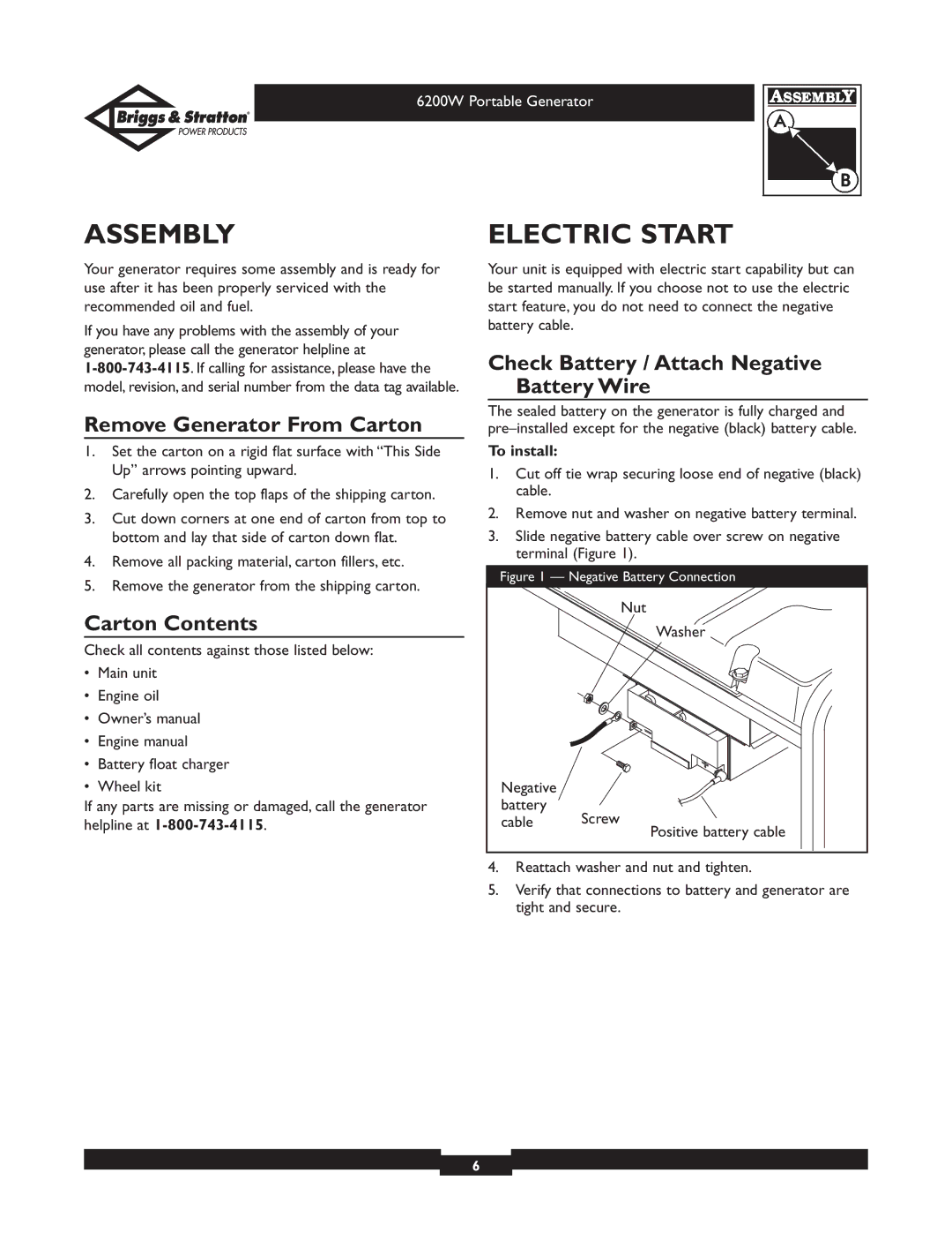 Briggs & Stratton 030211 owner manual Assembly, Electric Start, Remove Generator From Carton, Carton Contents 