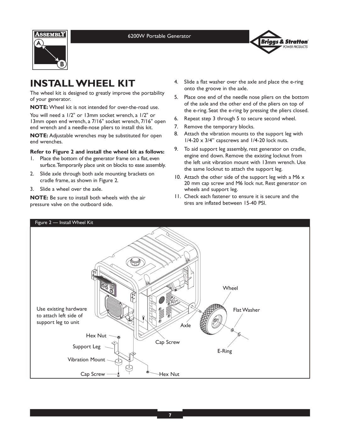 Briggs & Stratton 030211 owner manual Install Wheel KIT, Refer to and install the wheel kit as follows 