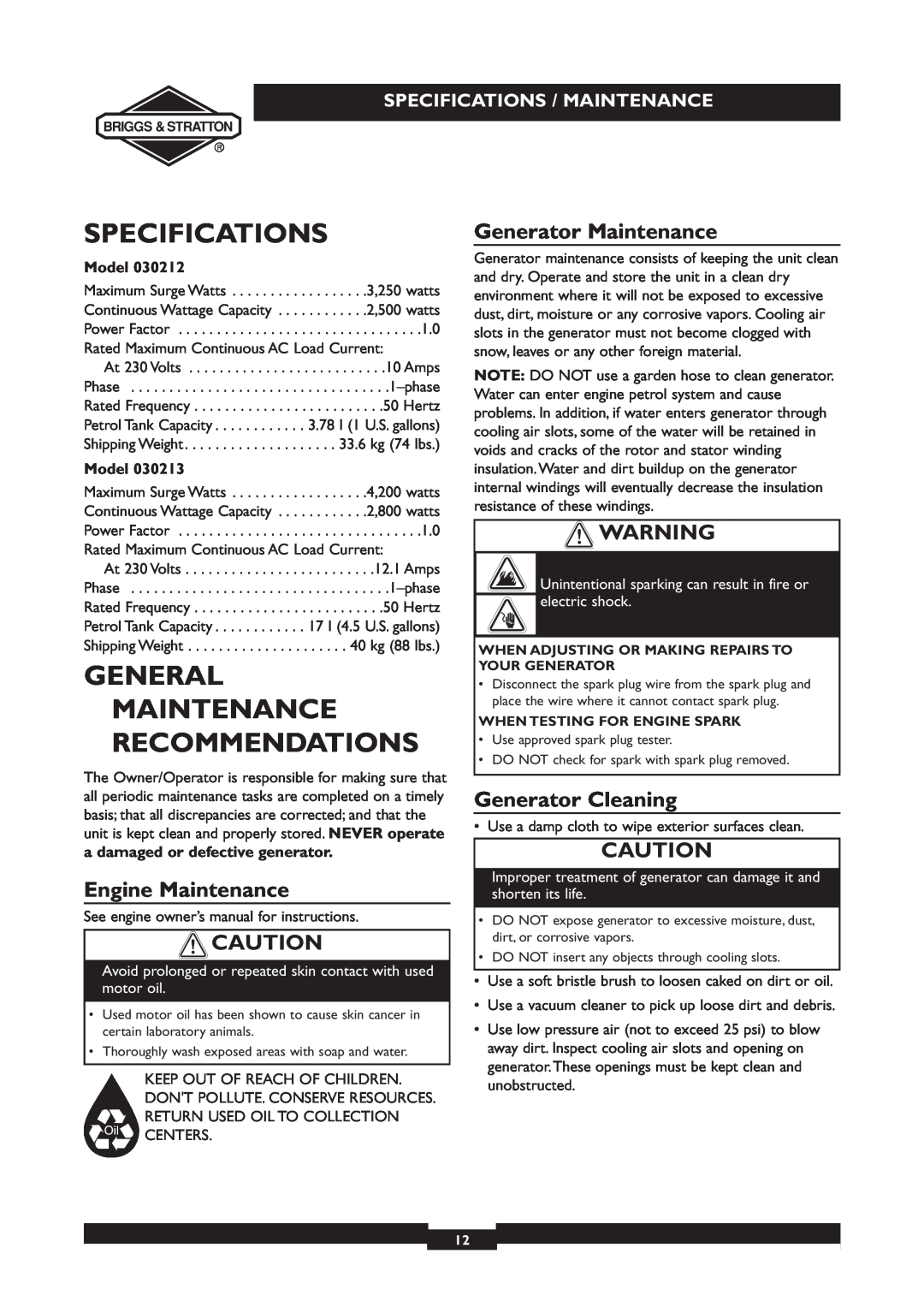 Briggs & Stratton 030213 Specifications, General Maintenance Recommendations, Engine Maintenance, Generator Maintenance 