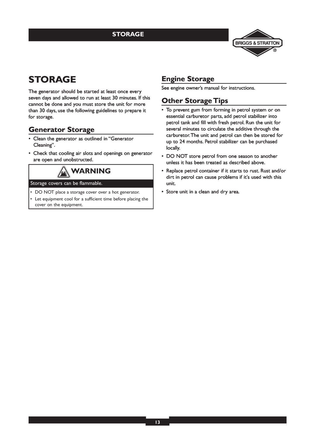 Briggs & Stratton 030212 Generator Storage, Engine Storage, Other Storage Tips, Storage covers can be flammable 