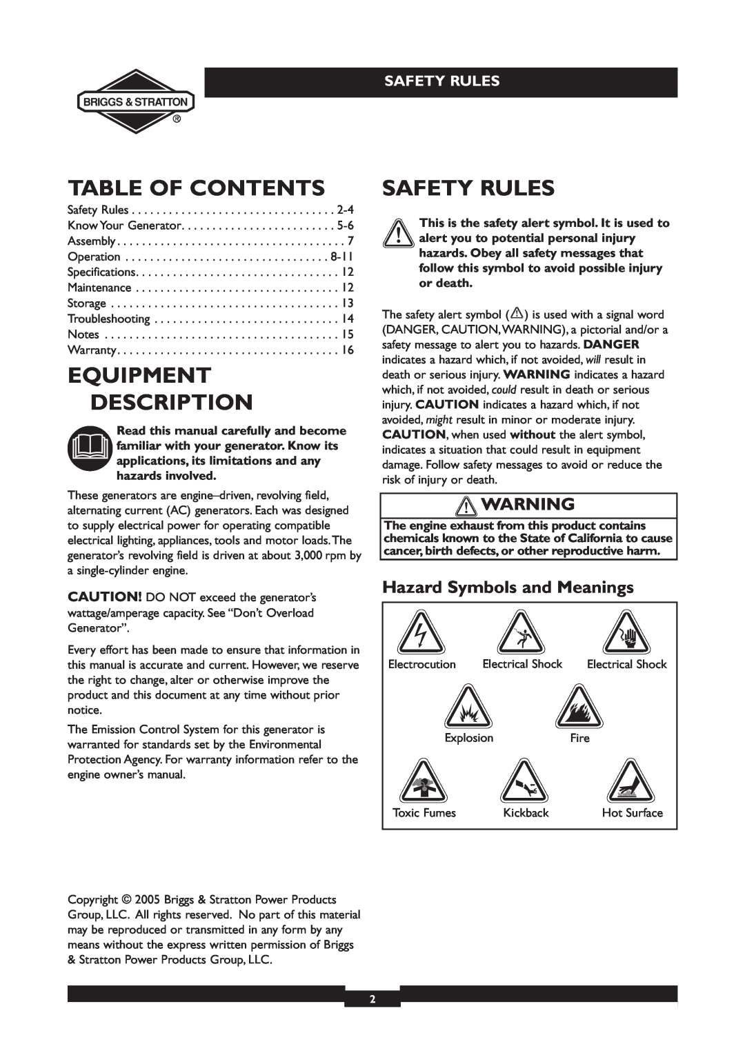 Briggs & Stratton 030213, 030212 Table Of Contents, Equipment Description, Safety Rules, Hazard Symbols and Meanings 