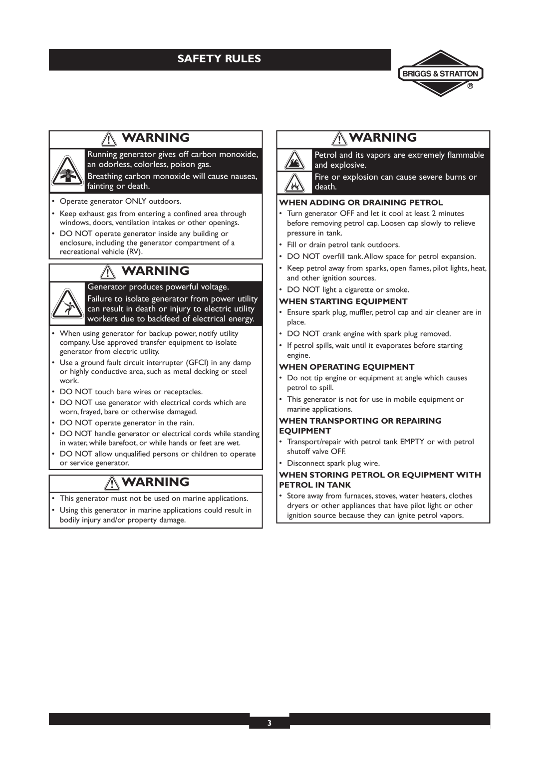 Briggs & Stratton 030212, 030213 owner manual Breathing carbon monoxide will cause nausea, fainting or death, Safety Rules 