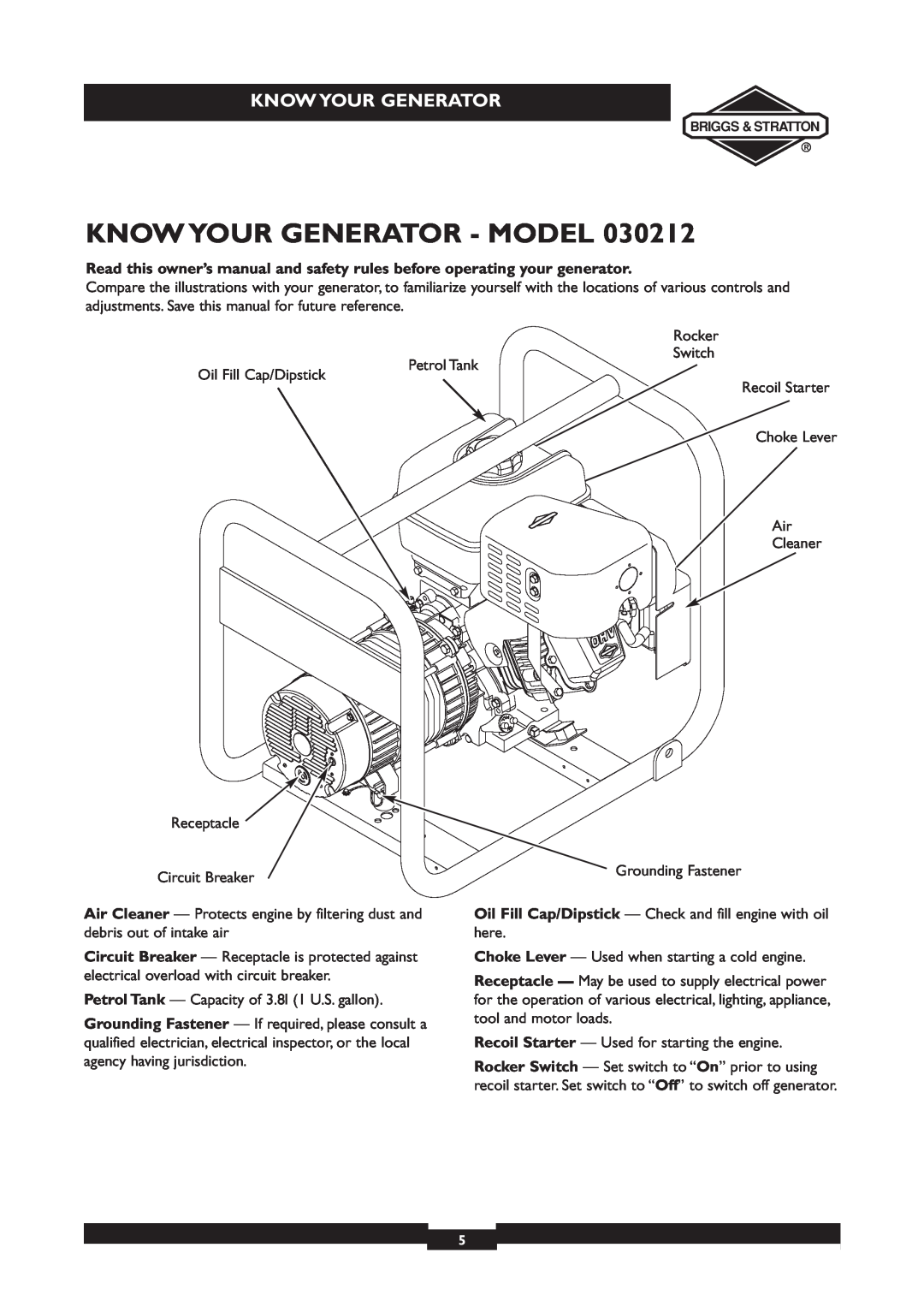 Briggs & Stratton 030212, 030213 owner manual Know Your Generator - Model 