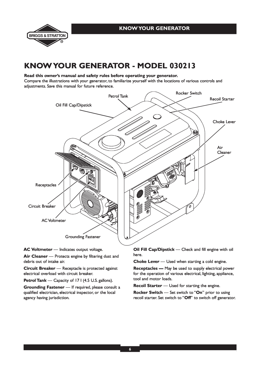 Briggs & Stratton 030213, 030212 owner manual Know Your Generator - Model 