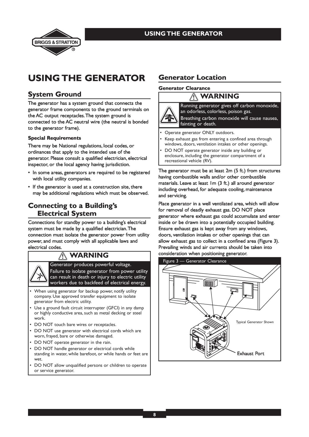 Briggs & Stratton 030213, 030212 Using The Generator, System Ground, Connecting to a Building’s Electrical System 