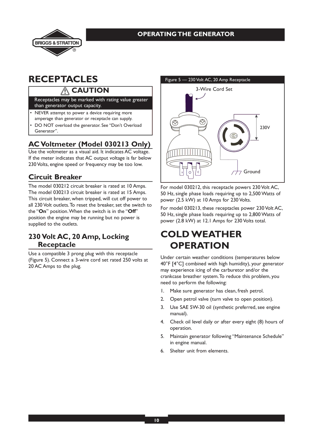 Briggs & Stratton 030212 Receptacles, Cold Weather Operation, AC Voltmeter Model 030213 Only, Circuit Breaker 