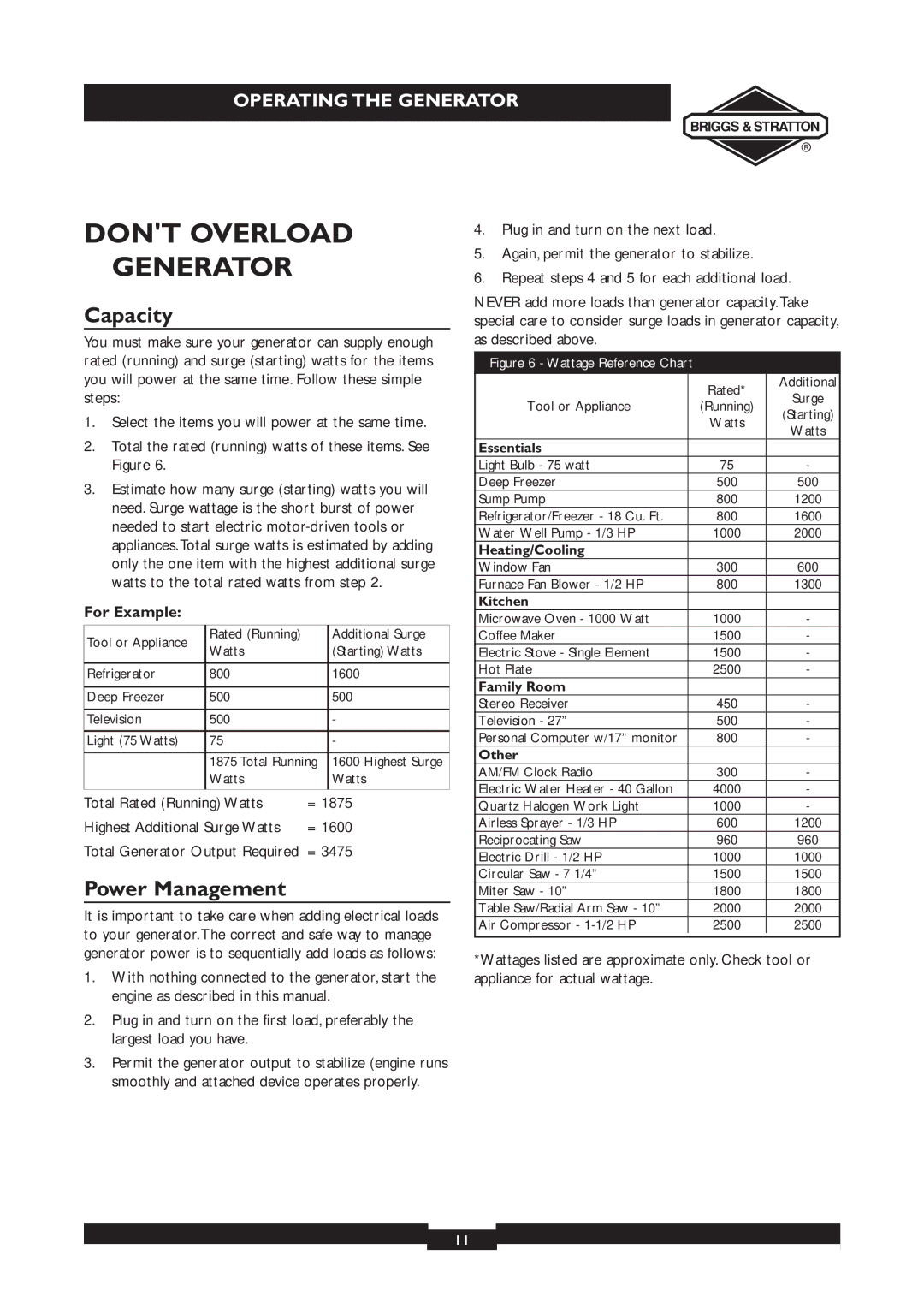 Briggs & Stratton 030212, 030213 owner manual Dont Overload Generator, Capacity, Power Management, For Example 