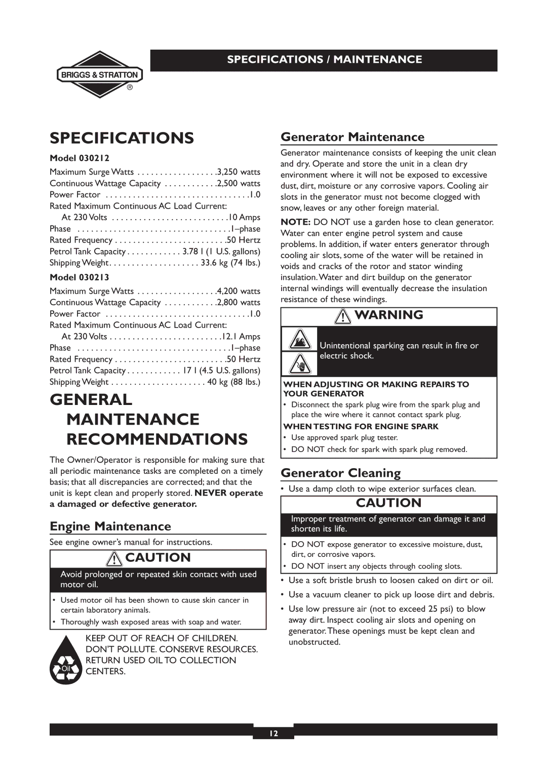 Briggs & Stratton 030213 Specifications, General Maintenance Recommendations, Engine Maintenance, Generator Maintenance 