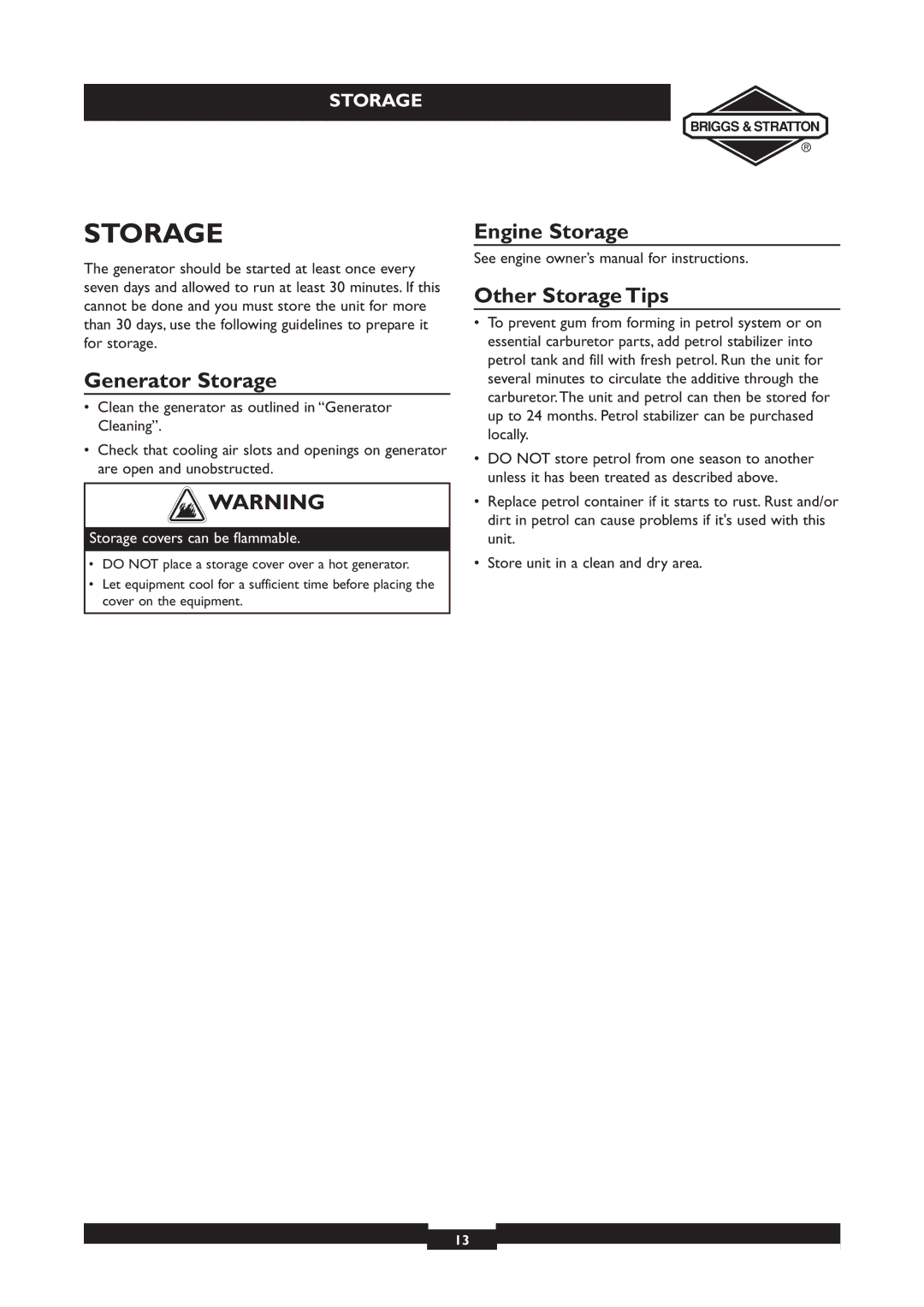 Briggs & Stratton 030212, 030213 owner manual Generator Storage, Engine Storage Other Storage Tips 