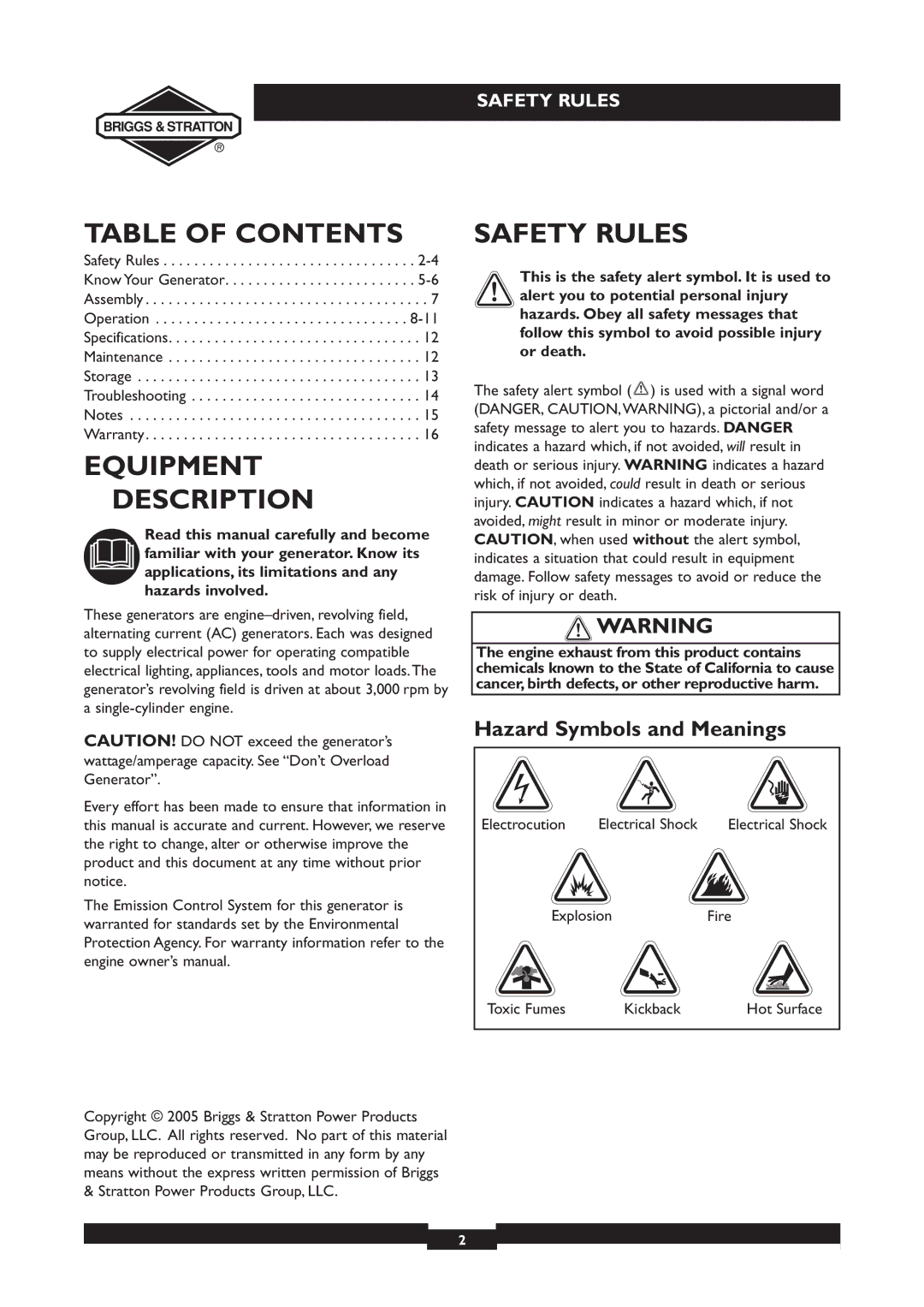 Briggs & Stratton 030213, 030212 owner manual Table of Contents, Equipment Description, Safety Rules 