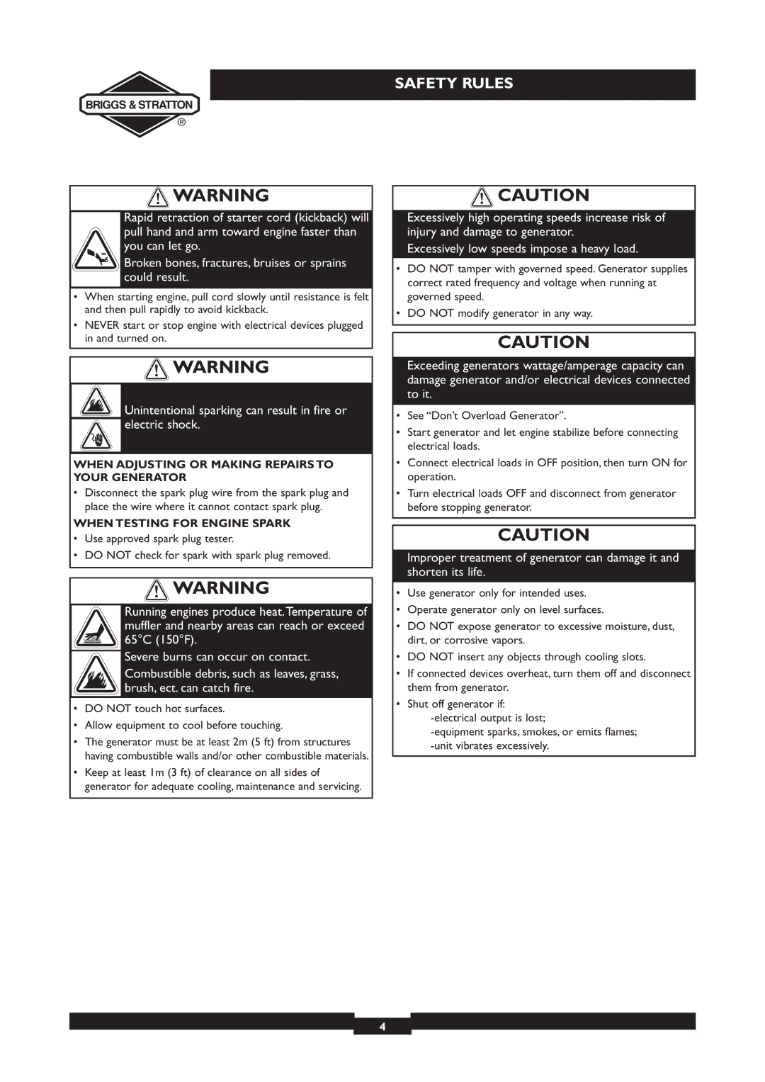 Briggs & Stratton 030213, 030212 owner manual Unintentional sparking can result in fire or electric shock 