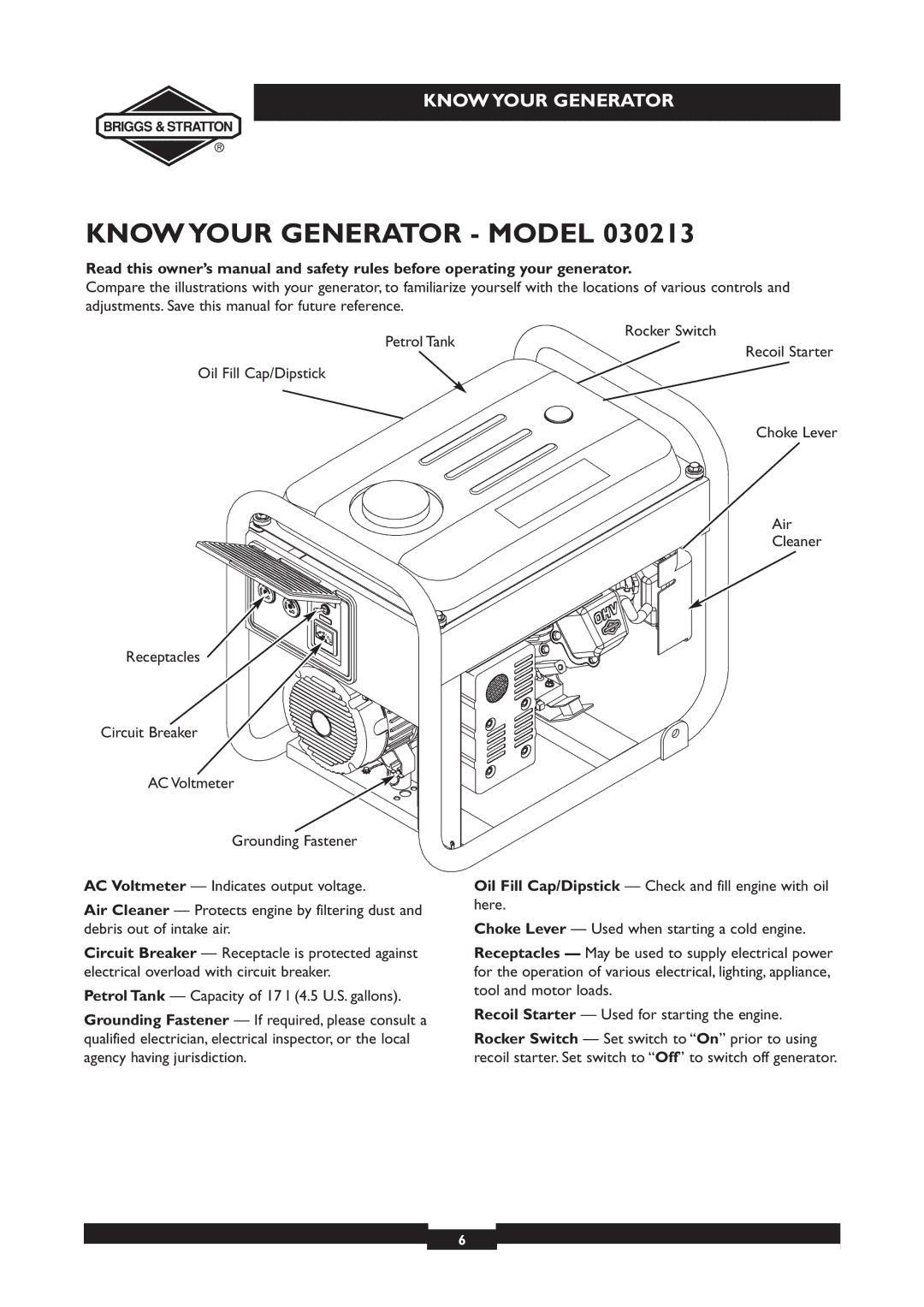 Briggs & Stratton 030213, 030212 owner manual Know Your Generator Model 