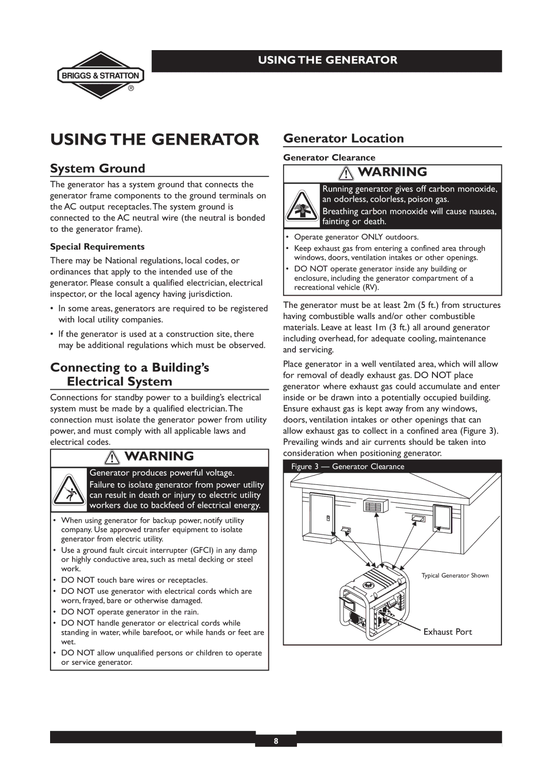 Briggs & Stratton 030213, 030212 Using the Generator, System Ground, Connecting to a Building’s Electrical System 