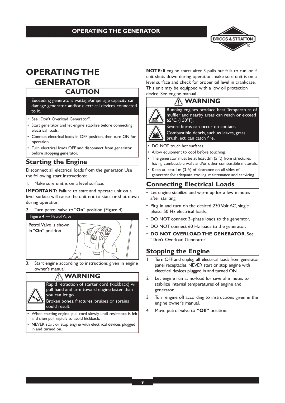 Briggs & Stratton 030212 Operating Generator, Starting the Engine, Connecting Electrical Loads, Stopping the Engine 