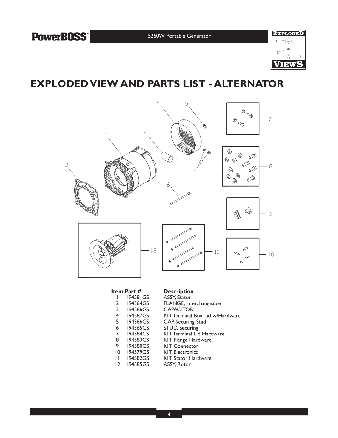 Briggs & Stratton 030217 manual Exploded View And Parts List - Alternator, 5250W Portable Generator, Description 