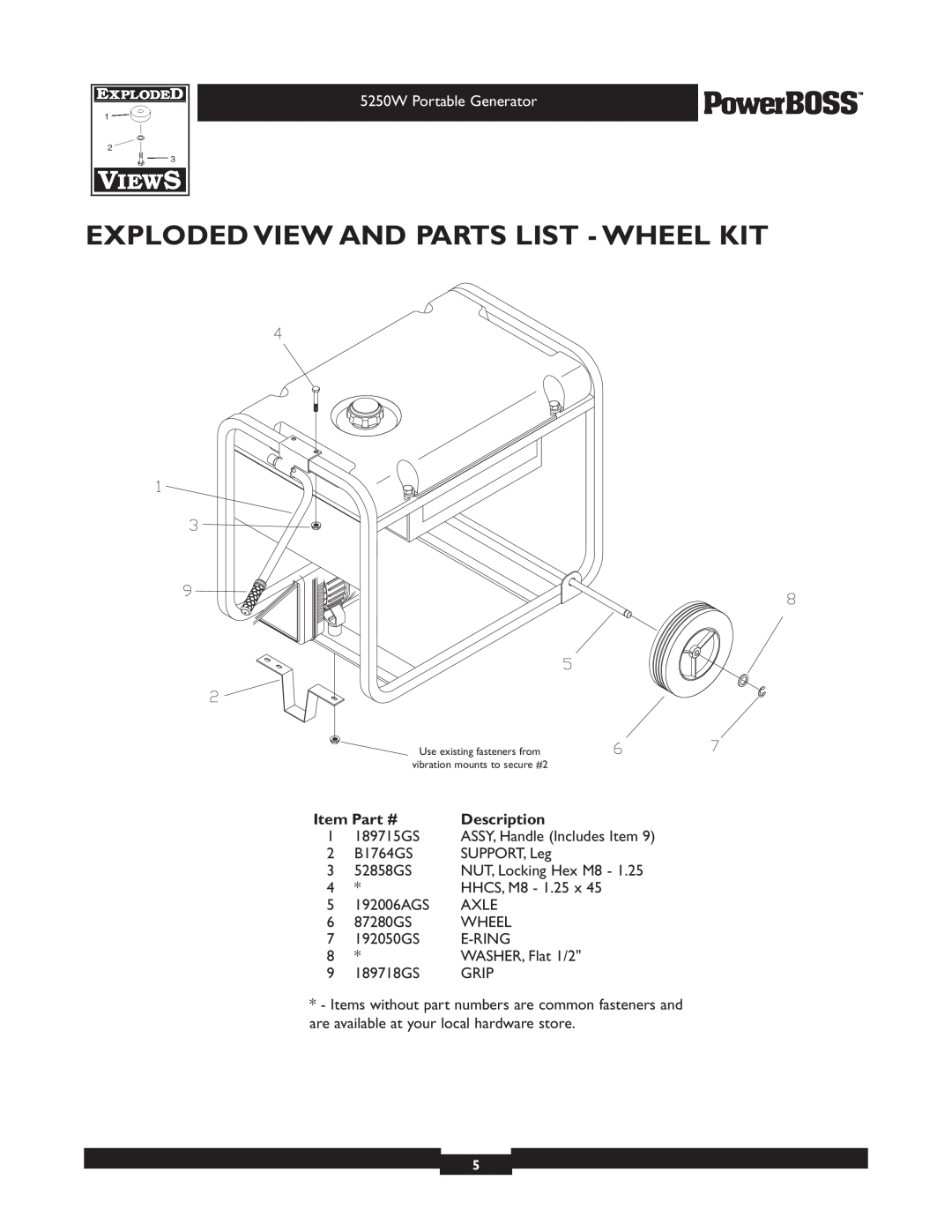 Briggs & Stratton 030217 manual Exploded View And Parts List - Wheel Kit, 5250W Portable Generator, Description 