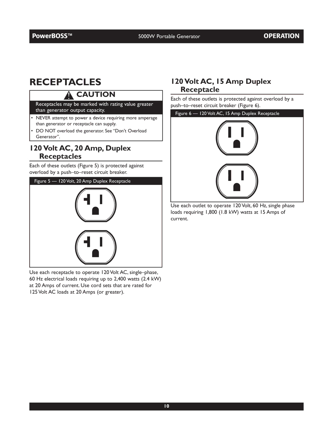 Briggs & Stratton 030222 owner manual Volt AC, 20 Amp, Duplex Receptacles, Volt AC, 15 Amp Duplex Receptacle 