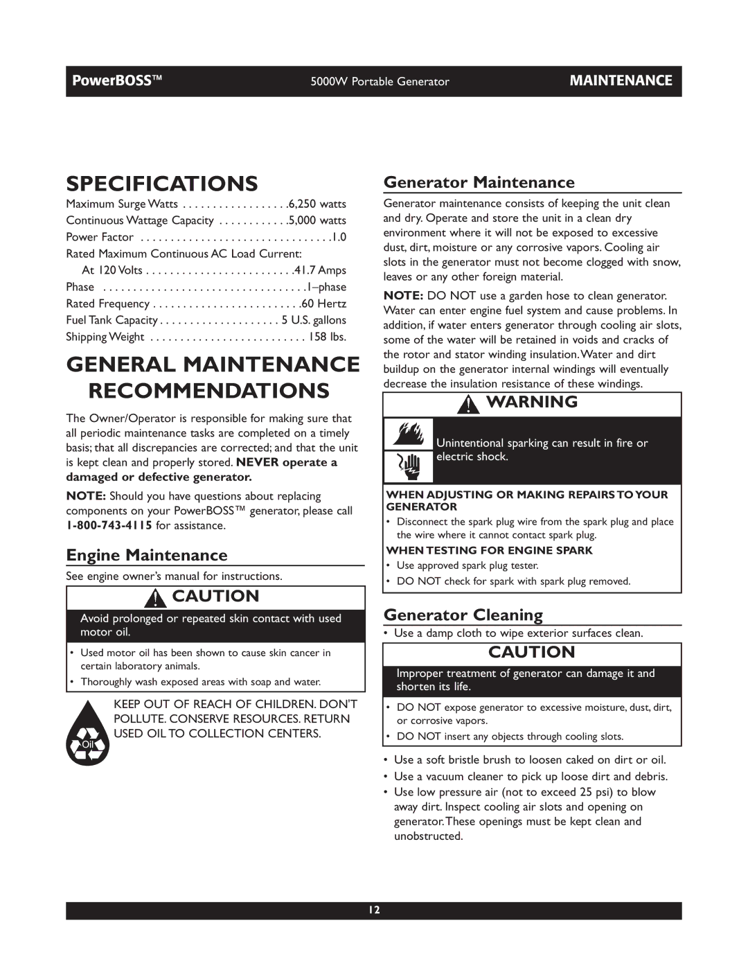 Briggs & Stratton 030222 Specifications, General Maintenance Recommendations, Engine Maintenance, Generator Maintenance 