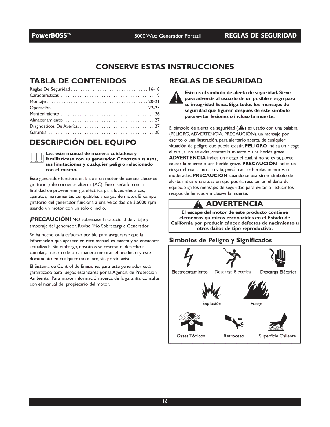 Briggs & Stratton 030222 Conserve Estas Instrucciones Tabla DE Contenidos, Descripción DEL Equipo, Reglas DE Seguridad 