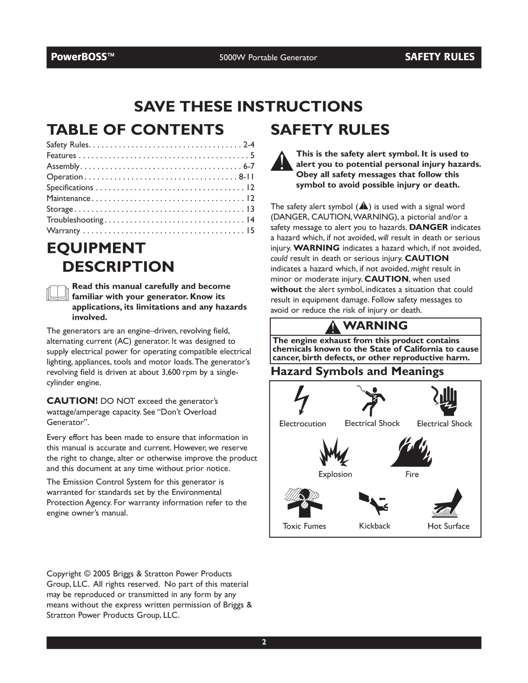 Briggs & Stratton 030222 owner manual Table of Contents, Equipment Description, Safety Rules 