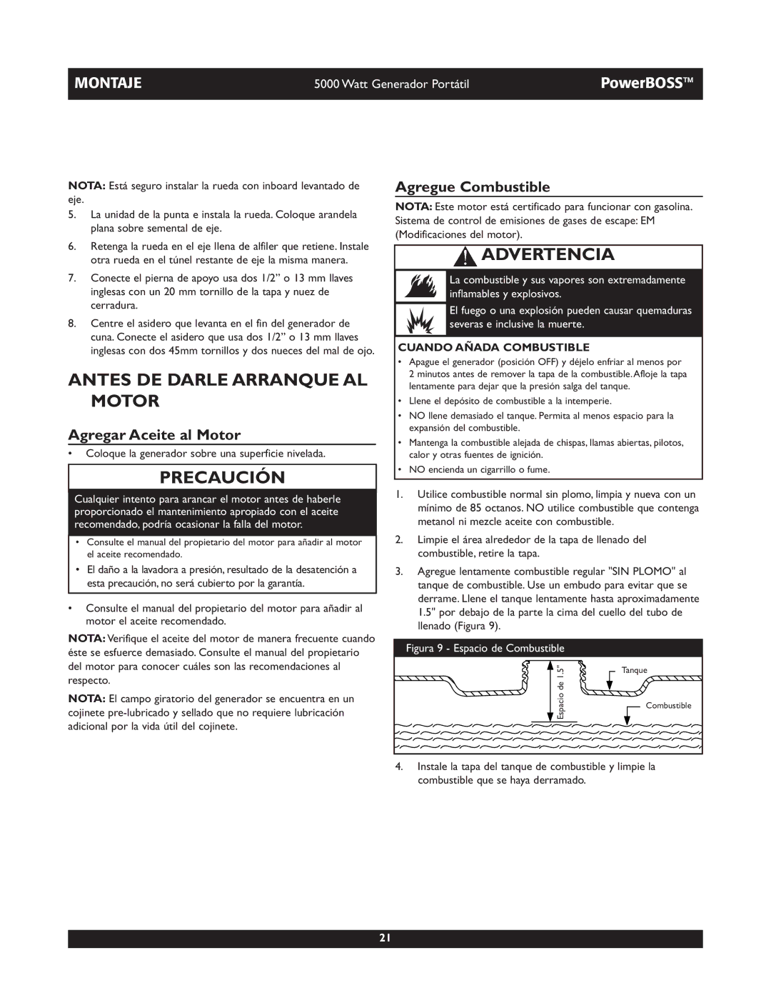 Briggs & Stratton 030222 owner manual Antes DE Darle Arranque AL Motor, Agregar Aceite al Motor, Agregue Combustible 