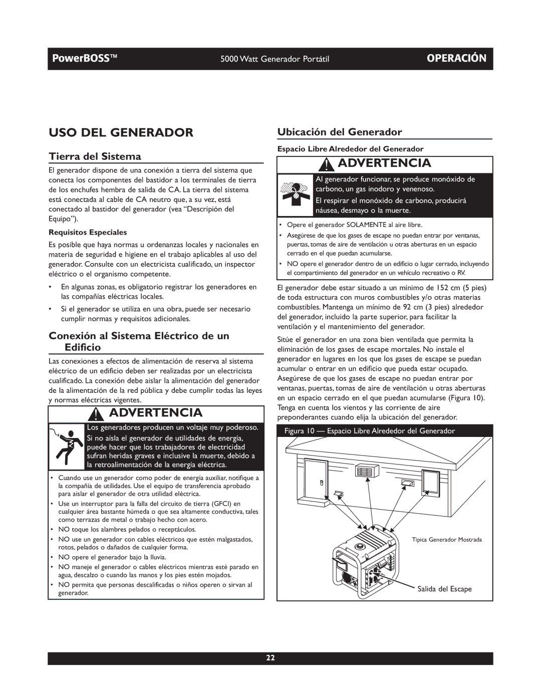 Briggs & Stratton 030222 owner manual USO DEL Generador, Tierra del Sistema, Ubicación del Generador 