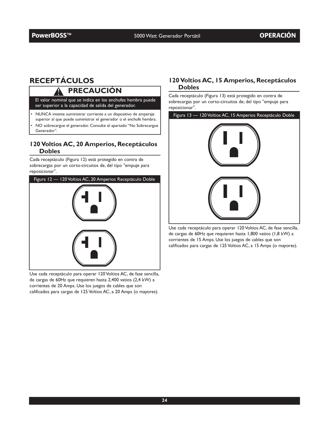 Briggs & Stratton 030222 owner manual Receptáculos Precaución, Voltios AC, 20 Amperios, Receptáculos Dobles 