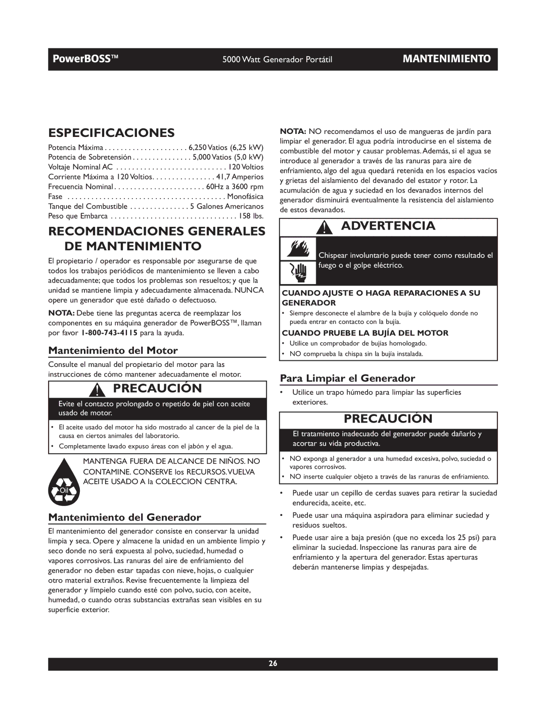 Briggs & Stratton 030222 owner manual Especificaciones, Recomendaciones Generales DE Mantenimiento, Mantenimiento del Motor 